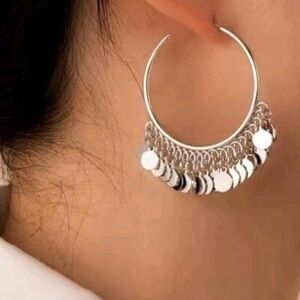 Boho Silver Tassel Hoop Earrings